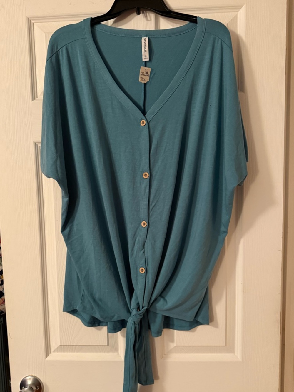 Zenana Outfitters Teal Button-Front Tie Hem Blouse
